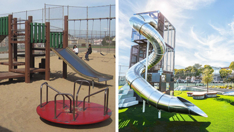 Before and after images of Alice Chalmers Playground, one of the 13 Let’sPlaySF! playgrounds renovated by SF Parks Alliance. Photo courtesy of SF Parks Alliance.