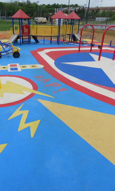 A comic-themed playground in Maryland invites children to use their imaginations and get creative during  playtime.