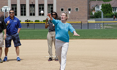 Illinois Rep. Elaine Nekritz (IL-57) throws out the first pitch at Buffalo Grove’s new baseball field at Kilmer Park.