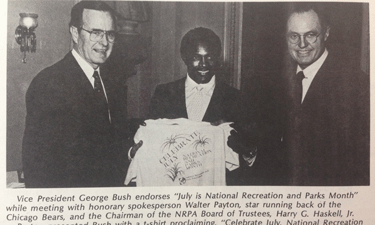 This circa-1985 image shows then-Vice President George H.W. Bush alongside Walter Payton and then-Chairman of the NRPA Board of Trustees Harry Haskell, Jr.