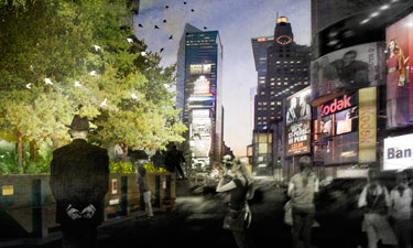 An artistic rendering of the temporary PopUp Forest installation Urban Ecologist Marielle Anzelone is planning for Times Square in 2017.