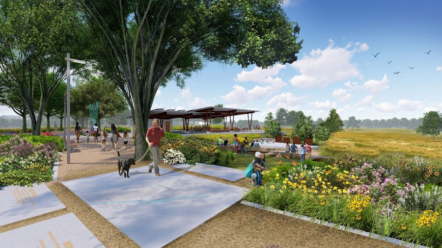 A central alameda (shaded promenade) and amphitheater feature pollinator friendly plantings in conjunction with the community facilities. Credit Dig Studio.