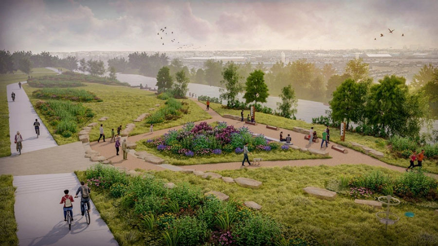 A new connection to the South Platte trail and access to the riverfront, complete with pollinator habitat and places for people to pause and enjoy the open space. Credit Dig Studio.