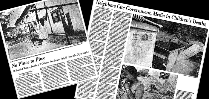 Clippings from The Washington Post, No Place to Play, detailing the tragedy of Iesha and Clendon Elmore.