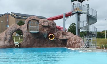 Zip lines and surfing features appear at public pools.