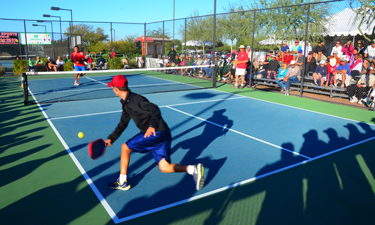 A championship pickleball game draws a crowd at the USAPA 2012 National Tournament in Buckeye, Arizona.