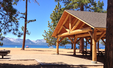 This log pavilion built at Nevada Beach on Nevada’s Lake Tahoe recalls a similar structure built on the site more than 50 years ago.