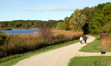 Hikers enjoy a sunny walk through Lake County Forest Preserve District’s McDonald Woods.