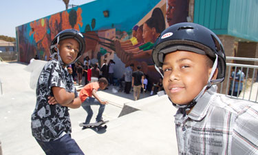 Kids in the Watts community of Los Angeles flock to the Skate Spot, a pocket park with 4,500 square feet of skateable space that was built with support from the surrounding community. 