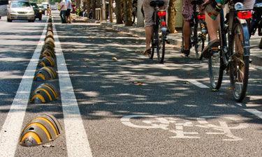 Armadillo-style barriers like the ones seen here in Barcelona, Spain, will be installed in Houston to protect cyclists navigating its new bike lane on Lamar Street.