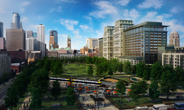 An artist’s rendering of what the proposed two-square-block public park next to the new Minnesota Vikings stadium in the Downtown East area of Minneapolis might look like.