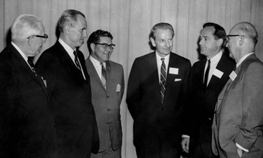 Laurance S. Rockefeller (third from right) with the leaders of the organizations that merged to form NRPA. Left to right: Frank McInnis, Frank Vaydik, Stuart G. Case, James H. Evans and Conrad L. Wirt