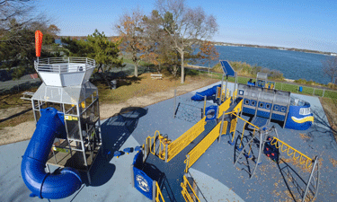 Ed Brown Playground at MacLearie Park in Belmar, New Jersey, ties local history and personalities into its design, which is now enjoyed by hundreds of children. CREDIT: Cre8Play