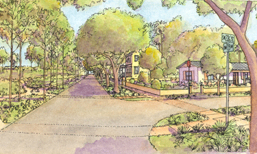 Here, a rural streetscape is improved to encourage walking by adding sidewalks and attractive pathways to a nearby park.