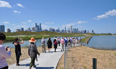 Chicago Innovation Lab attendees explore the newly restored waterfront areas at Northerly Island and pause to take in the magnificent city skyline.
